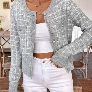 Crew Neck Cardigan Knitted Long Sleeve Side Pockets